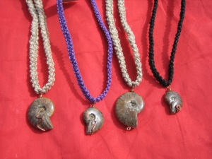 Ammonite necklaces. Ammonites are the fossilized remains of ancient sea creatures that died out about the same time as the dinosaurs.